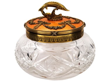 RUSSIAN GILT SILVER ENAMEL CUT GLASS CAVIAR DISH