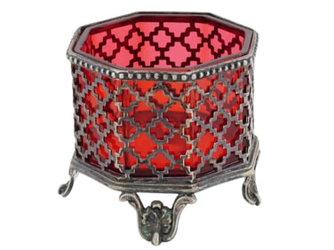 ANTIQUE SILVER MOUNTED RED GLASS CANDLE HOLDER