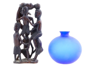 VINTAGE AFRICAN WOODEN SCULPTURE AND GLASS VASE