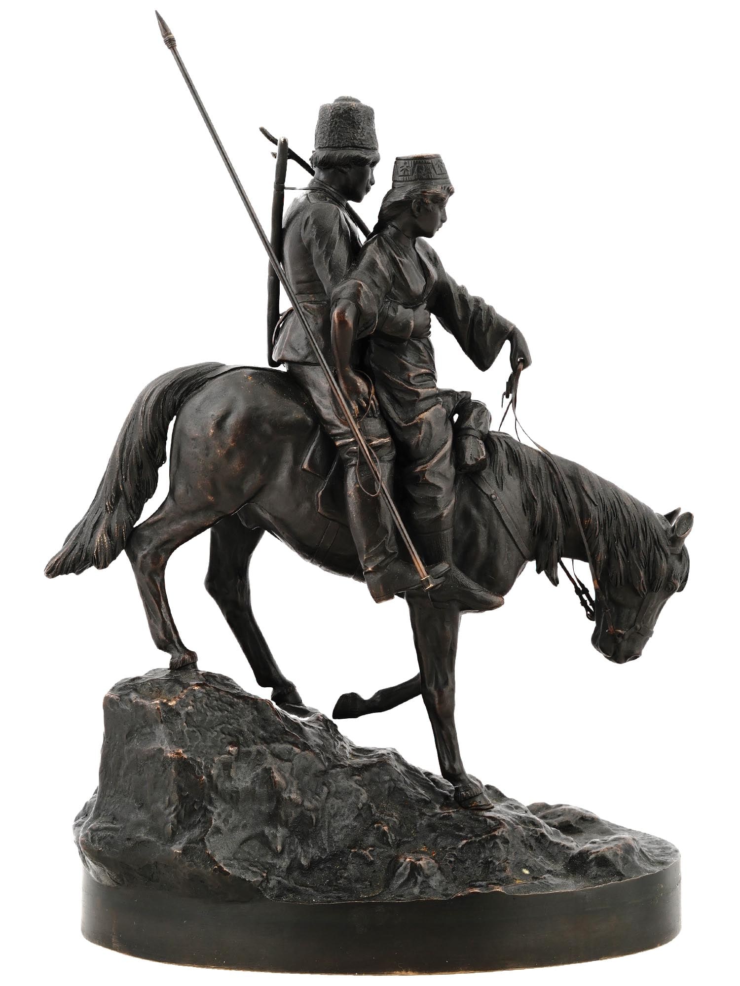 ANTIQUE RUSSIAN BRONZE SCULPTURE BY ALBERT MORITZ WOLF: An antique bronze Russian sculpture of the second half of the 19th century by Albert Moritz Wolf. A fine copy of the original work by Vasily Yakovlevich Grachev, 1831 to 1905 titled Cossack with a Cos