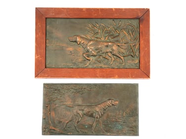 ANTIQUE 1900S BRASS RELIEF PLAQUES HUNTING DOGS