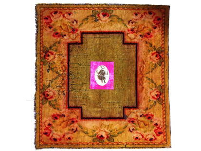 TIMUR NOVIKOV RUSSIAN TEXTILE ARTWORK ON SILK RUG: Mixed media textile artwork by Timur Novikov, 1958 to 2002, a Russian Nonconformist artist and art theorist, ideologist of the Neo-Academism movement. This lot belongs to the Neoclassical period. Squa