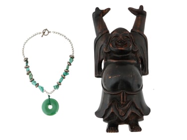 WOODEN BUDDHA FIGURINE AND JADE TURQUOISE NECKLACE