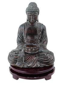 ANTIQUE HAND CARVED WOOD BUDDHA SCULPTURE ON STAND