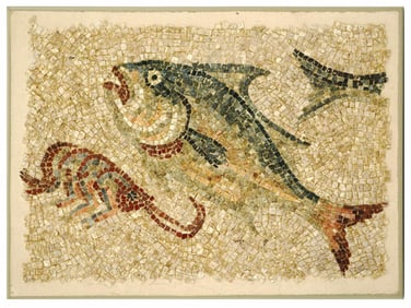 ANCIENT ROMAN PERIOD MOSAIC WITH FISH CA 100 TO 300AD