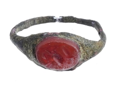 ANCIENT ROMAN BRONZE RING W ENGRAVED CARNELIAN INTAGLIO