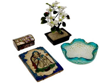 VINTAGE PERSIAN CERAMIC TILE BOX BONSAI TREE AND VASE