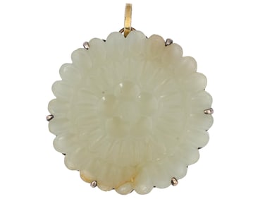 CHINESE MING JADE SILVER CHRYSANTHEMUM BROOCH PENDANT