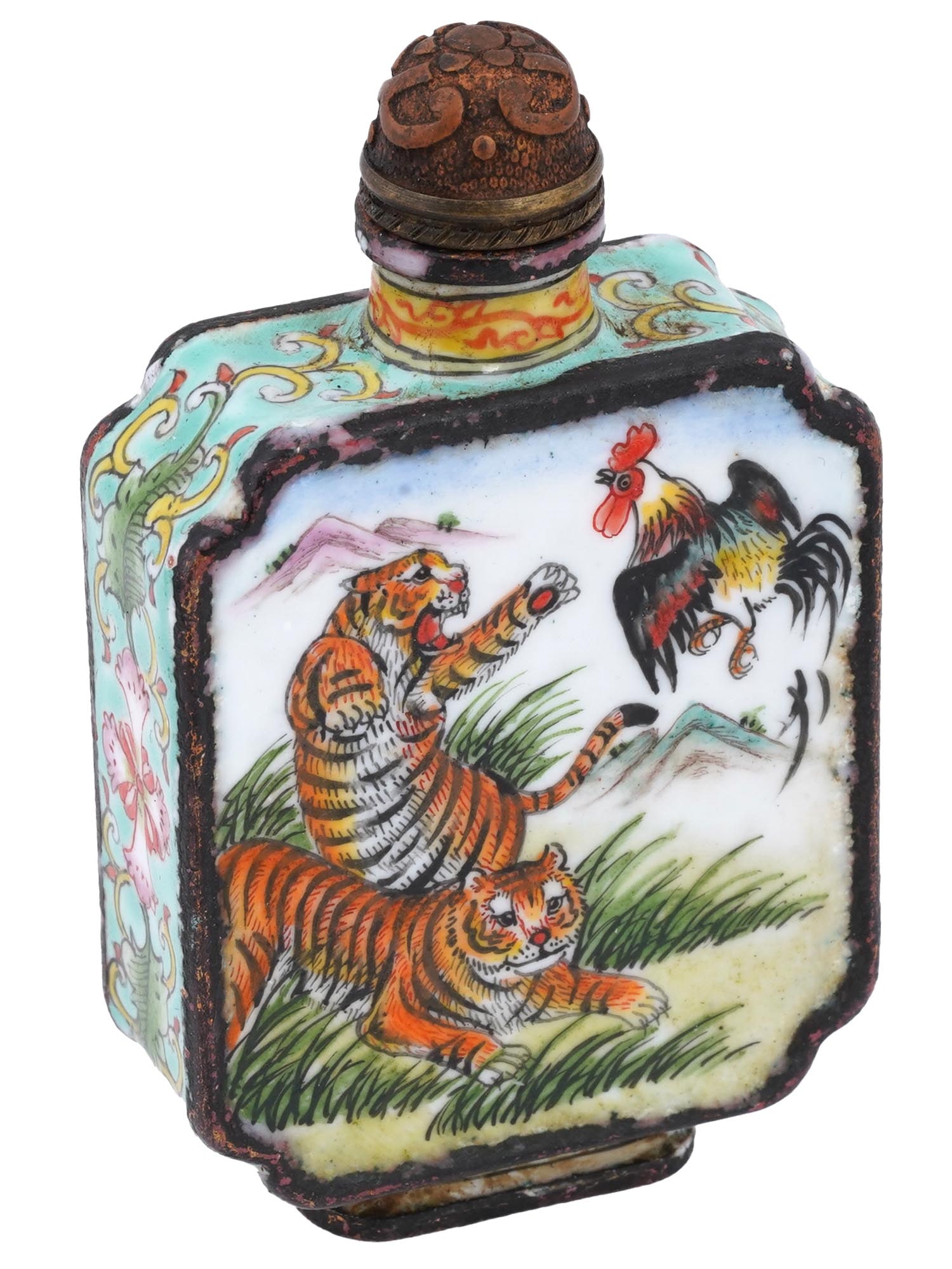 VINTAGE CHINESE ENAMEL SNUFF BOTTLE W BRONZE STOPPER (1 of 8)