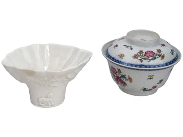 CHINESE BLANC DE CHINE PORCELAIN CUP AND LIDDED BOWL