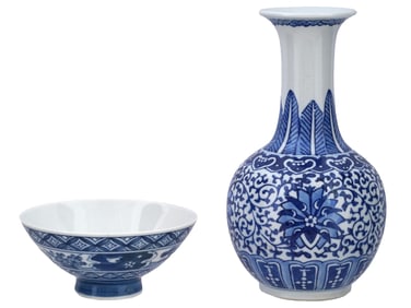 CHINESE BLUE AND WHITE PORCELAIN VASE AND BOWL