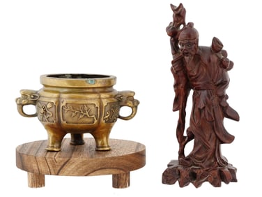 VINTAGE CHINESE BRASS BOWL AND WOODEN FIGURINE
