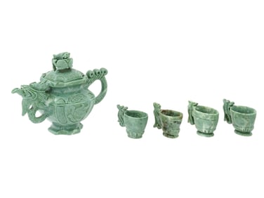 ANTIQUE CHINESE HAND CARVED JADE STONE TEA SET