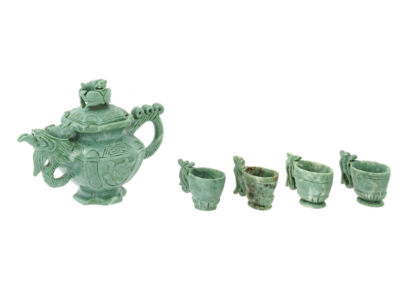 ANTIQUE CHINESE HAND CARVED JADE STONE TEA SET (1 of 5)