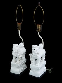 ANTIQUE CHINESE BLANC DE CHINE FOO DOG LAMP STANDS