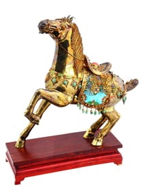VINTAGE CHINESE GILT SILVER HORSE FIGURINE GEMSTONES