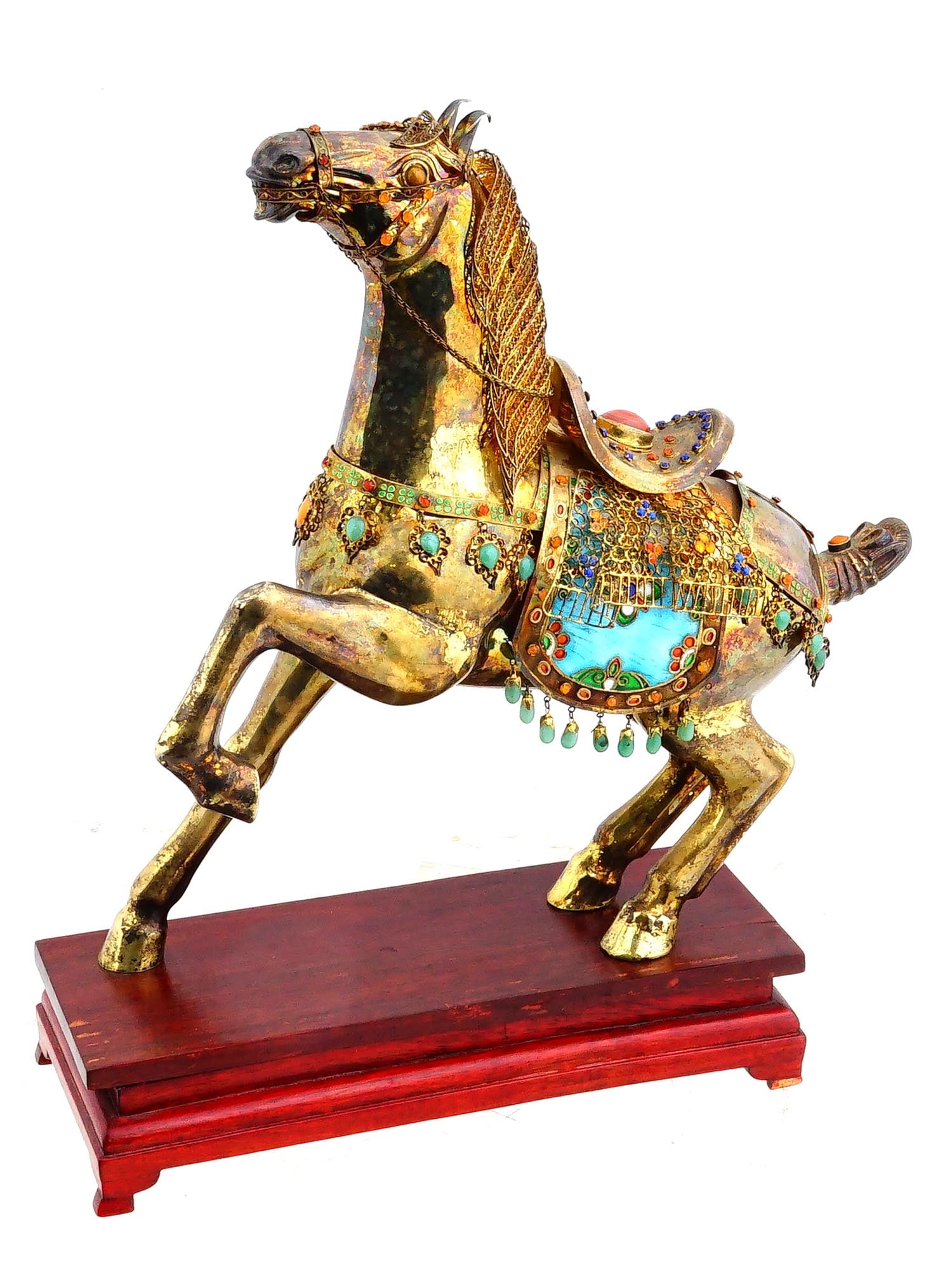 VINTAGE CHINESE GILT SILVER HORSE FIGURINE GEMSTONES (1 of 9)