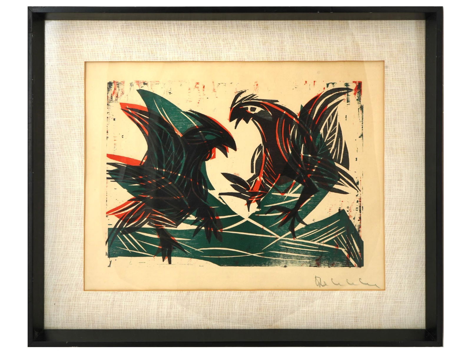 ASIAN ROOSTERS COLOR LINOCUT SIGNED BY THE ARTIST (1 of 4)