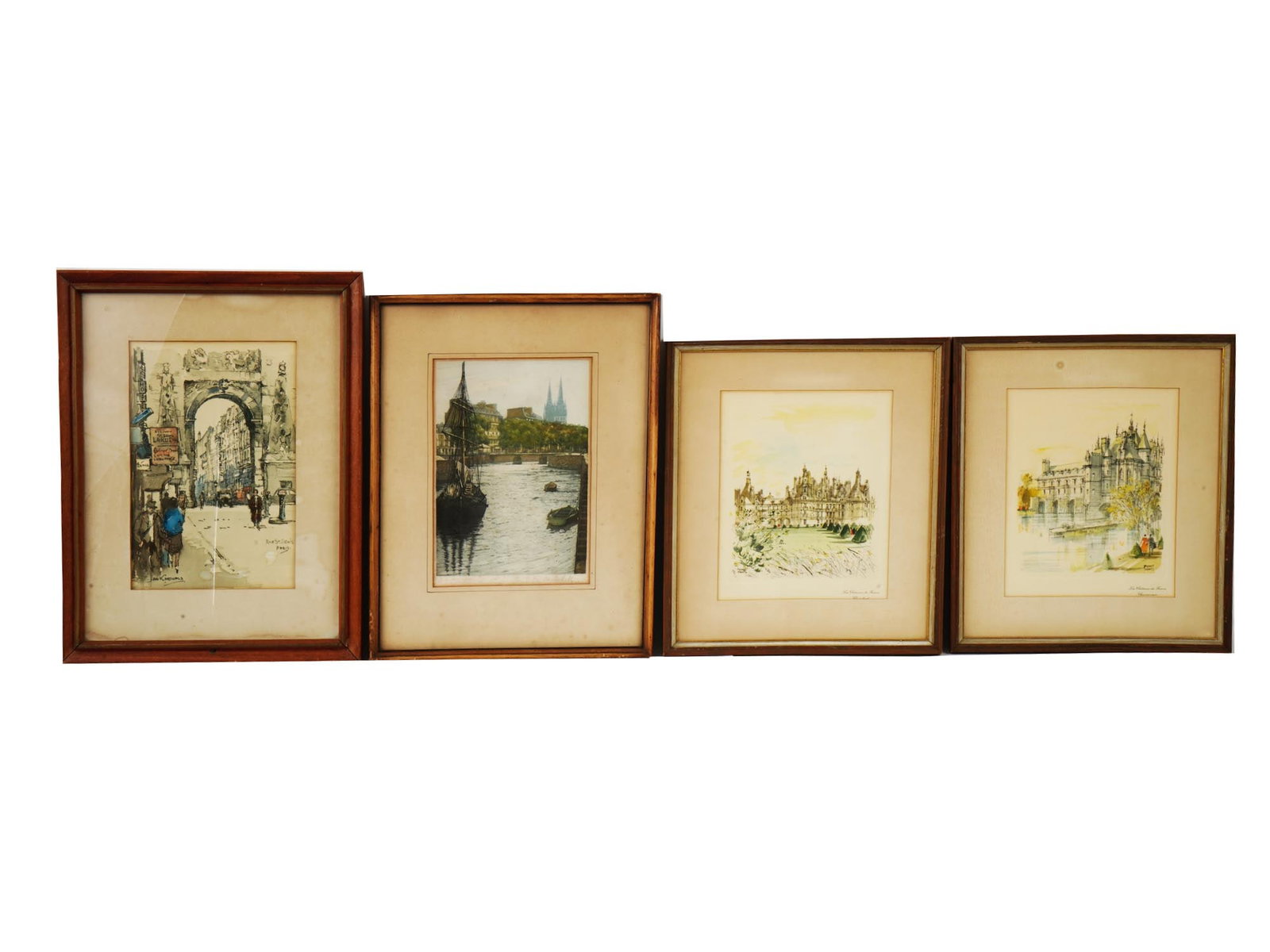 LITHOGRAPH PRINTS AND ENGRAVINGS VIEWS OF FRANCE: A lot of four vintage lithograph prints and engravings, includes a color lithograph print by Jan Korthals, Roe St. Denis Paris, an aquatint engraving by Gustave Marchetti Sailboat on the Odet at Quimp