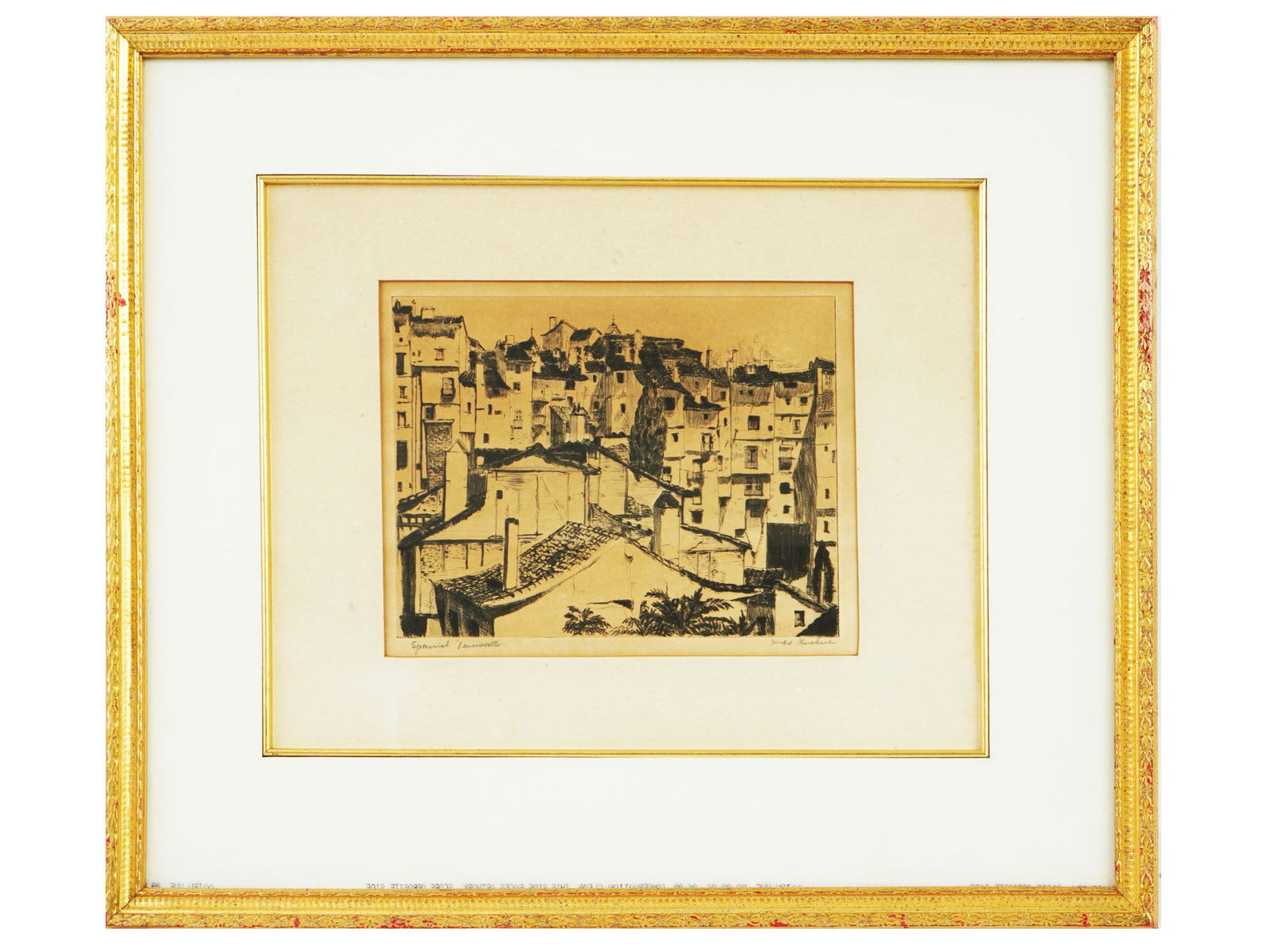 SIGNED AMERICAN ETCHING BY MAX KUEHNE SPANISH TENEMENTS: Max Kuehne, American, 1880 to 1968, an etching on paper depicting the rooftops of a Spanish town, titled Spanish Tenements and signed in pencil lower right. Matted and framed. Max Kuehne was an import
