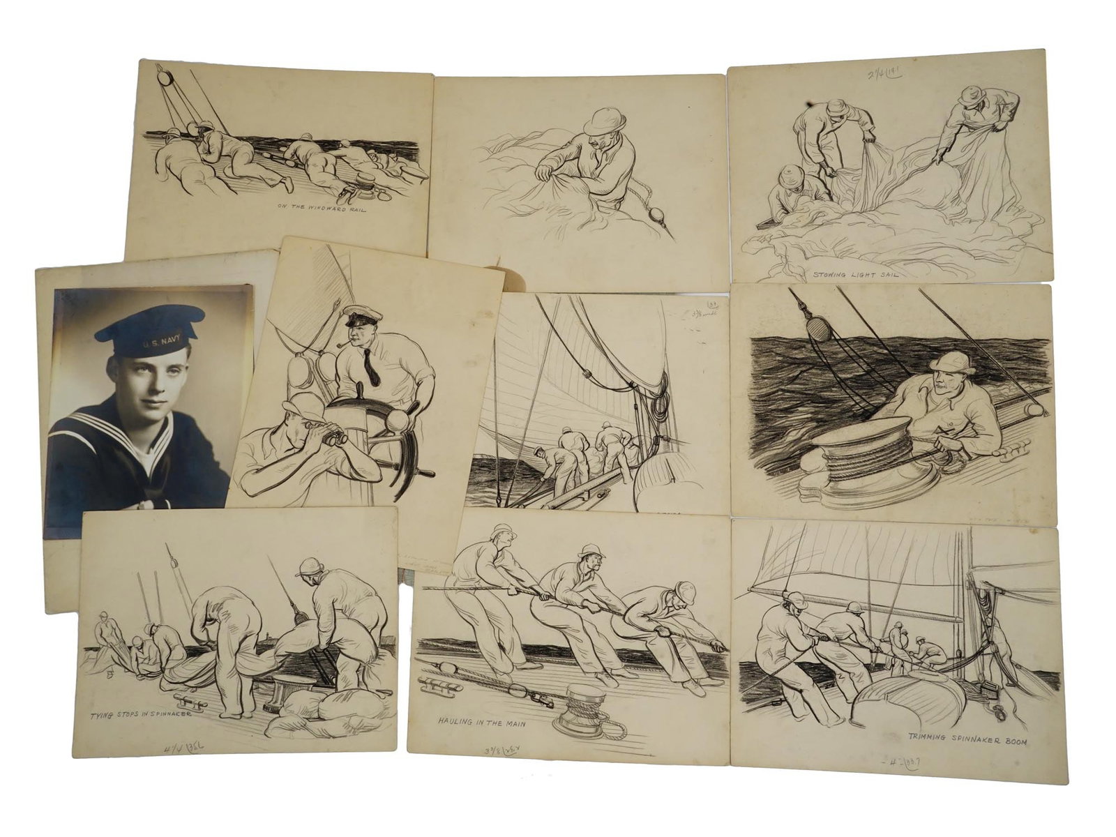DRAWINGS OF MARITIME SCENES AND SAILOR PORTRAIT PHOTO: A collection of nine drawings, each capturing detailed maritime scenes, including trimming a spinnaker boom, working at the winch, stringing a light sail, and dowsing the genoa, etc. Accompanying the 