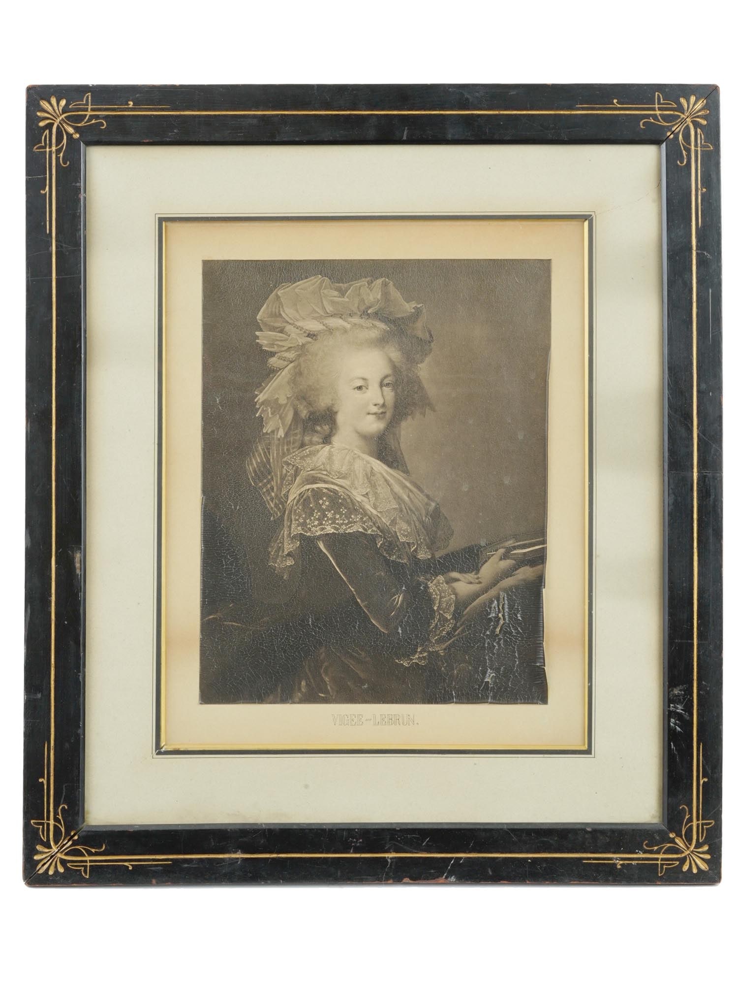 ANTIQUE PHOTOGRAVURE PORTRAIT OF MARIE ANTOINETTE: An antique framed photogravure depicting a portrait of French Queen Marie Antoinette with a book. The original painting belongs to the French artist Elisabeth Vigee Lebrun, 1755 to 1842, and was paint