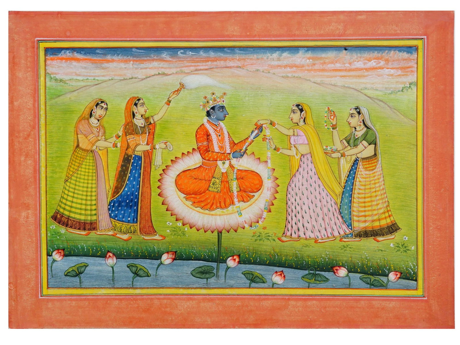 INDIAN MUGHAL MINIATURE PAINTING KRISHNA AND GOPI: An antique Indian miniature painting. Late Mughal Empire period, 19th century. The artwork illustrates a Hinduist story of gopis giving Sri Krishna jewelry. Fine detail work. Krishna is a major deity 