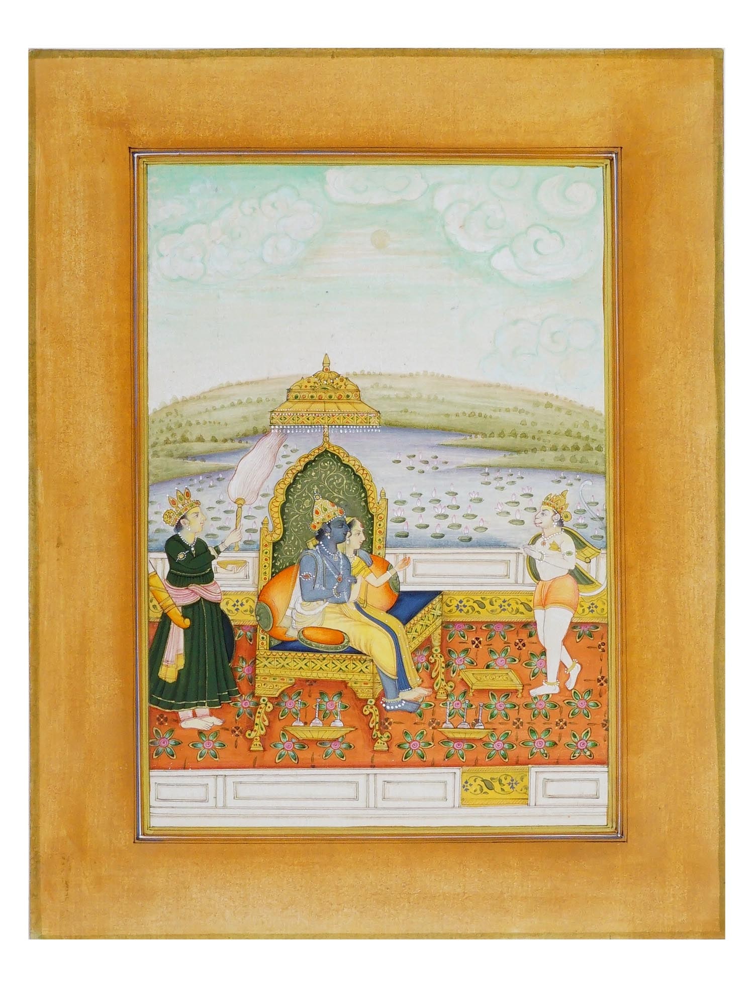 ANTIQUE INDIAN MUGHAL HINDUIST MINIATURE PAINTING: An antique Indian miniature painting. Late Mughal Empire period, 19th century. Rajput tradition. Gouache on paper. The piece depicts a Hinduist subject, a Lord Krishna enthroned with his consort, atte