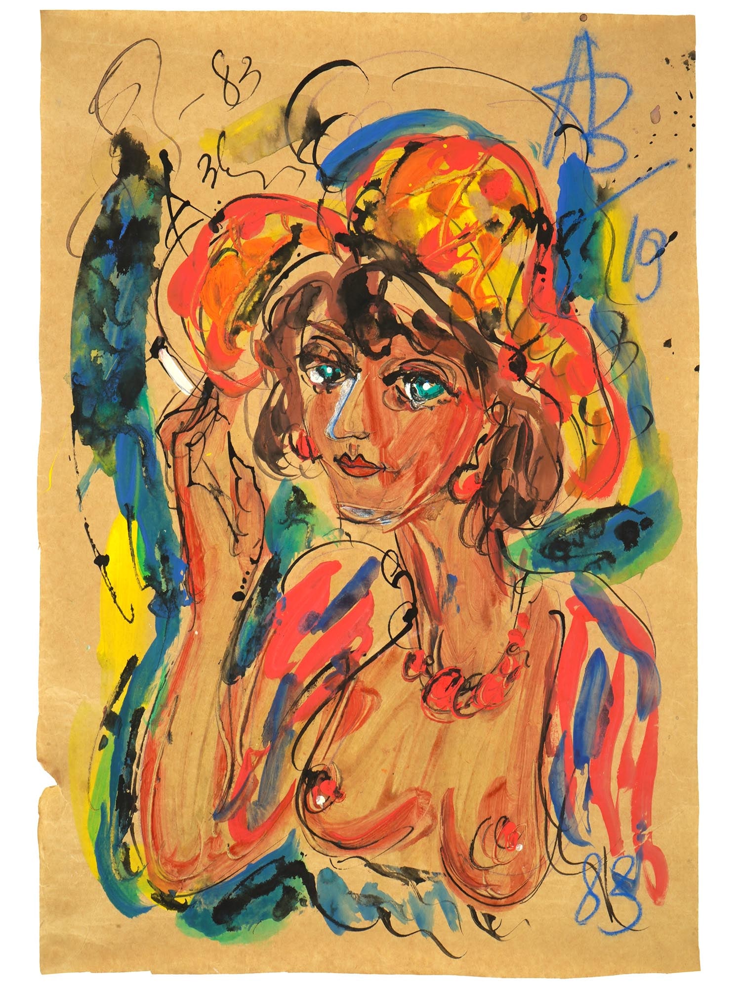 ATTR TO ANATOLY ZVEREV RUSSIAN MIXED MEDIA PAINTING: Attributed to Anatoly Timofeivich Zverev, Russian, Soviet era, 1931 to 1986, mixed media painting on paper depicting a nude portrait of a woman, 1983. Signed and dated upper left. Anatoly Zverev, a No