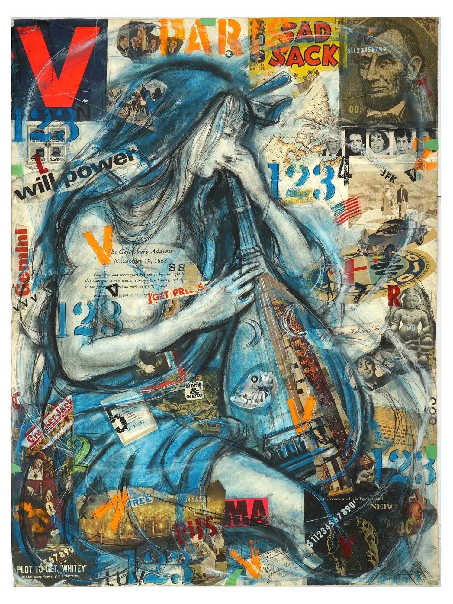 MODERN AMERICAN PAINTING BY SHELDON SCHONEBERG SAD SACK: Sheldon Schoneberg, American, 1926 to 2012,a pastel on paper painting depicting a collage composition featuring a nude female figure with a mandolin. Inscribed Sad Sack 123 and signed by the artist to