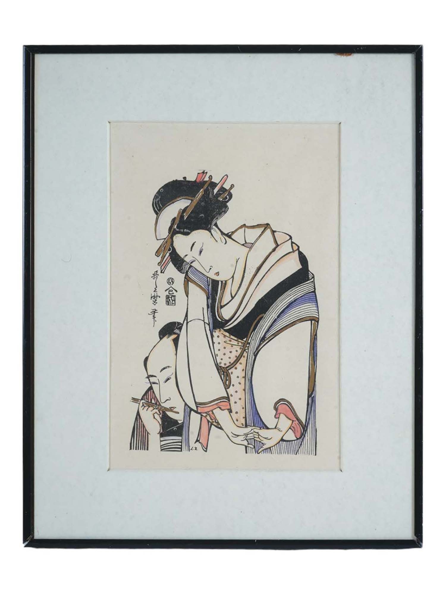 AFTER KITAGAWA UTAMARO INK AND WATERCOLOR PAINTING: Watercolor and ink on paper painting. After the original woodblock print by Kitagawa Utamaro,?1753 to 1806, a Japanese artist of ukiyo-e genre who is best known for his bijin okubi-e, so-called large-