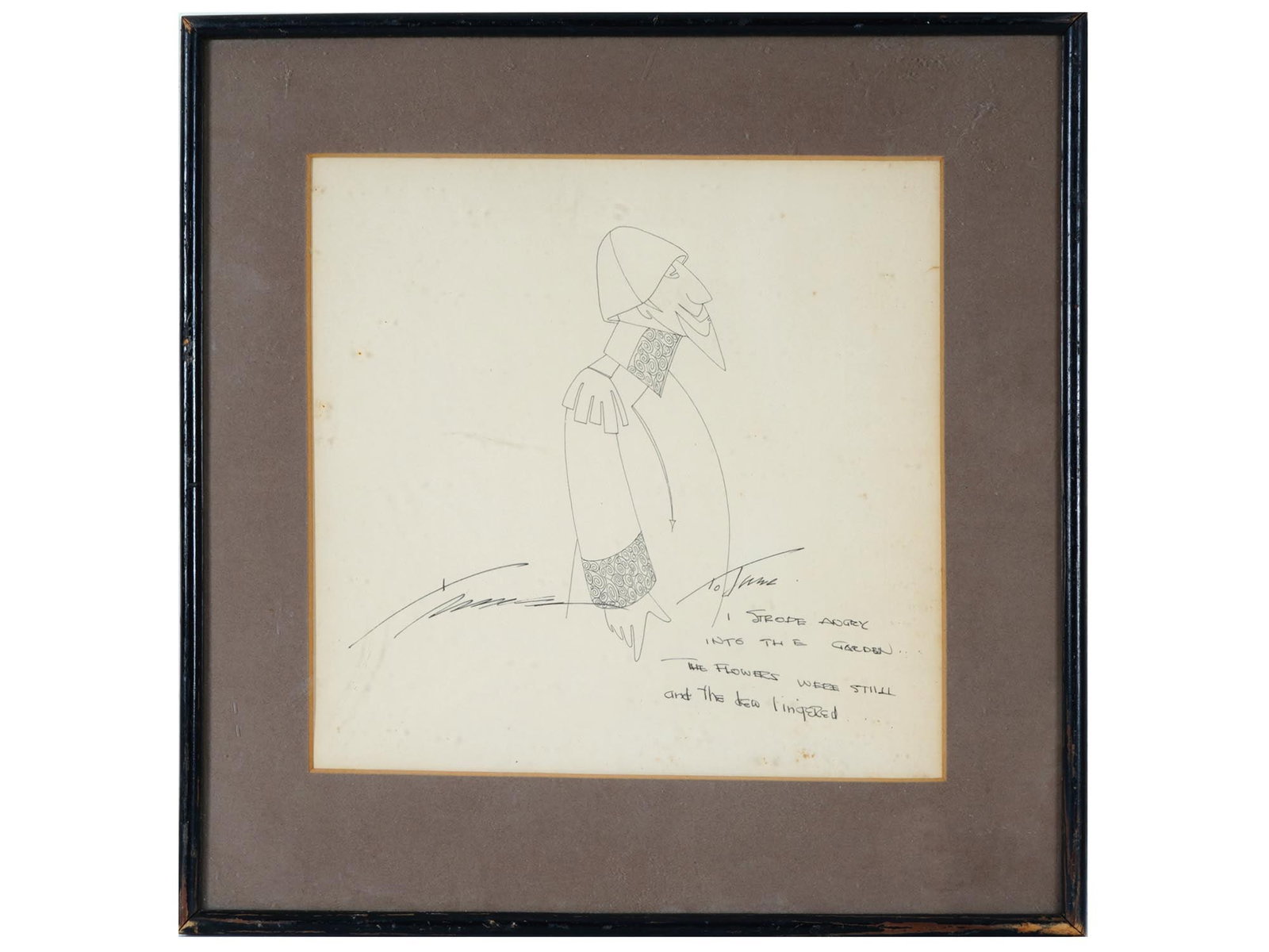MODERN PORTRAIT INK PAINTING SIGNED BY THE ARTIST: A Modern ink painting on paper depicting a portrait of a man dressed in a uniform. Illegibly signed by the artist, lower left. Inscribed, To Jane, I Strode Angry Into The Garden The Flowers Were Still