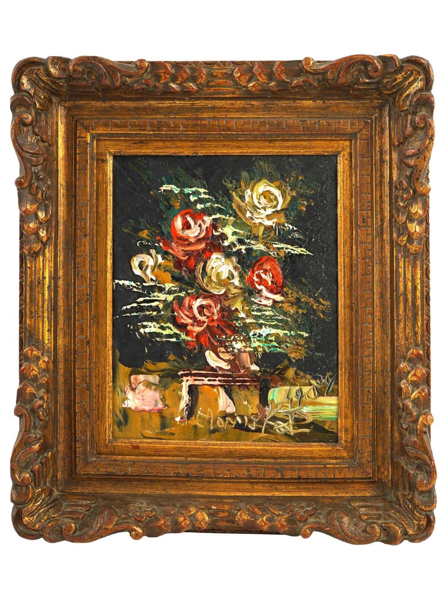 JUDAICA STILL LIFE OIL PAINTING BY MORRIS KATZ 1980S: Morris Katz, Jewish, Polish, Ukrainian, American, 1932 to 2010, oil painting on board depicting a still life with a bouquet of roses, 1987. Signed and dated lower right. Housed in an ornate gilt wood