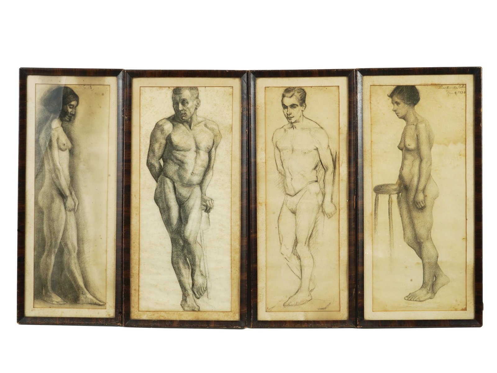 AMERICAN DRAWINGS ATTR TO GERTRUDE COX CHARCOAL NUDE: A collection of four antique charcoal drawings on paper attributed to Gertrude Cox, American, 20th century. The series features two male and two female nude figures, each portrayed in a standing posit