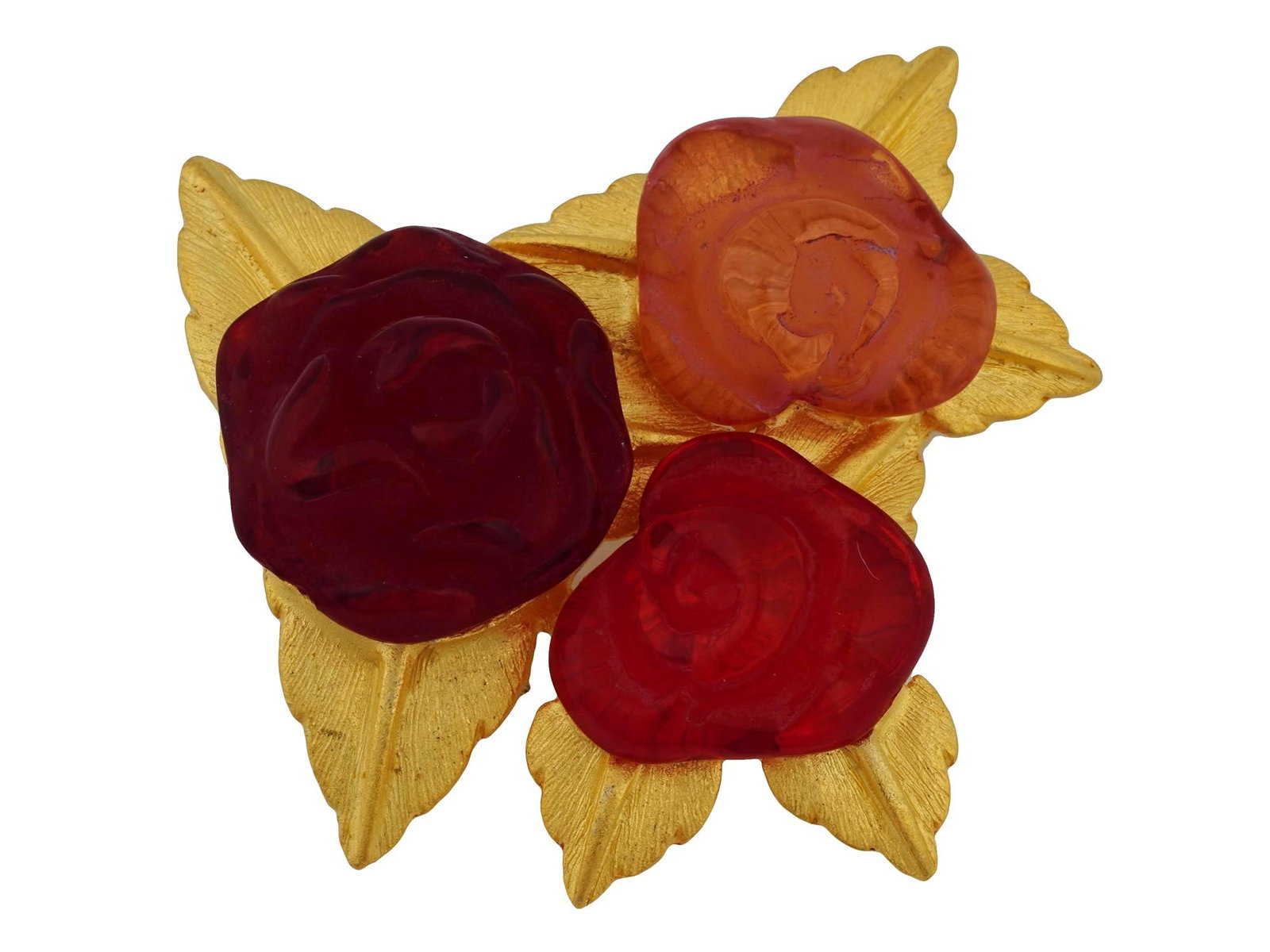 RARE FRENCH DOLCE VITA PARIS COSTUME JEWELRY BROOCH: A rare French costume jewelry brooch by Dolce Vita Bijoux and Accessories, Paris. The brooch is decorated with three relief rose flowers in red, burgundy and orange shades. Marked with an impressed st