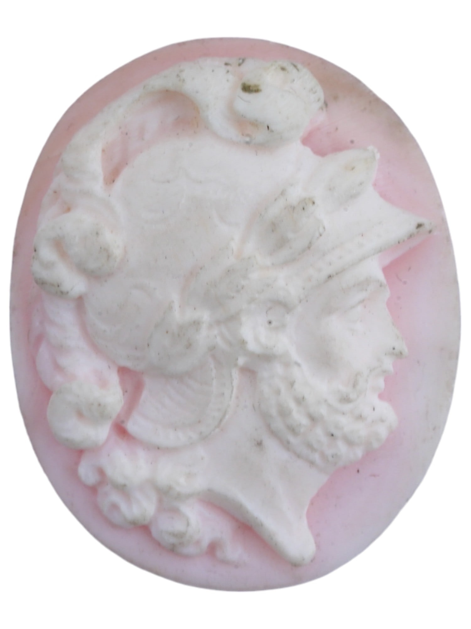ANTIQUE CORAL CAMEO WITH FRENCH SOLDIER PORTRAIT: An antique coral cameo of oval shape, exquisitely carved with a portrait of a French soldier. Antique Intaglios an Cameos And Classical Art Collectibles. Dimensions: 1 1/8 x 1 in. All measurements are
