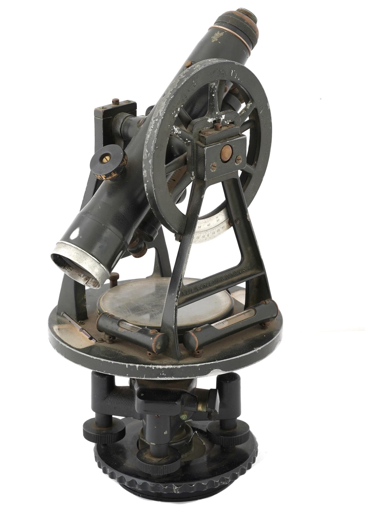 VINTAGE AMERICAN GURLEY TROY THEODOLITE 1956: A vintage American Gurley Troy theodolite for land measurements, 1956. The complex measuring instrument that includes a spotting scope on a stand with variable height, a compass and other technical de