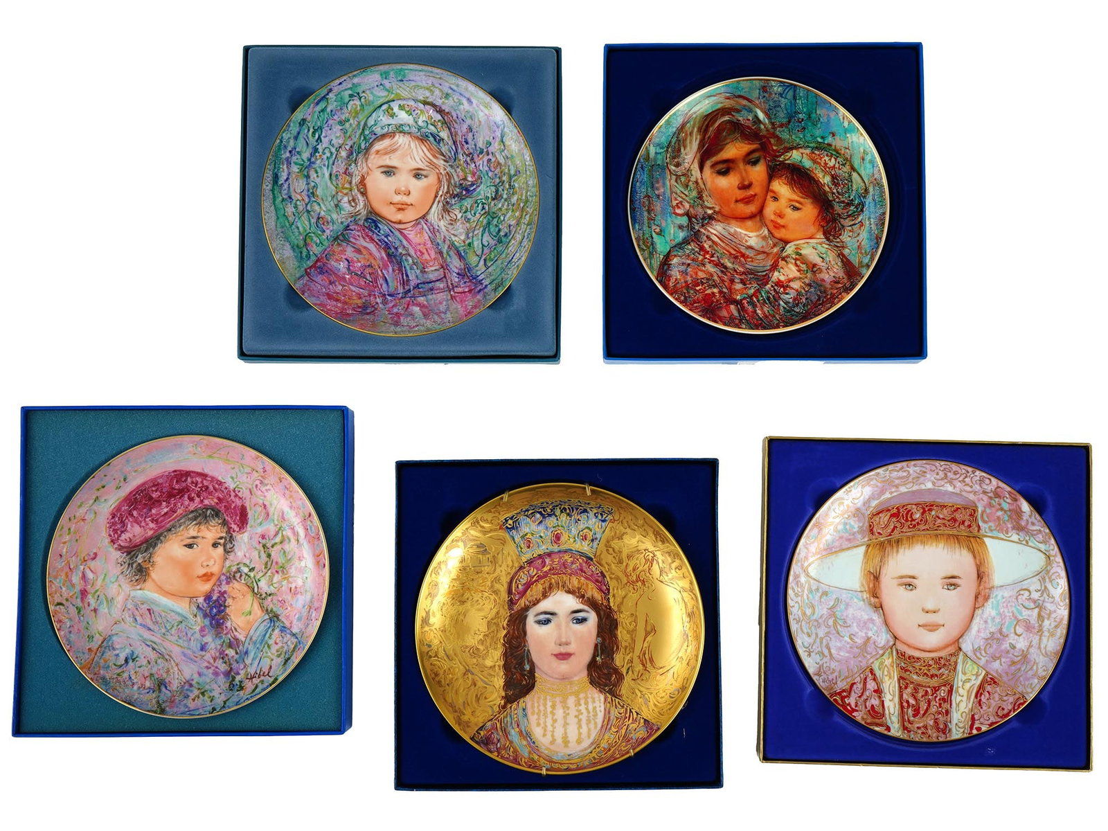 LTD ED DECORATIVE PORCELAIN PLATES BY EDNA HIBEL: The lot includes 5 vintage original limited edition collector plates by Edna Hibel in original boxes: La Contessa Isabella, the first of the series the Nobility of Children that consisted of 12,750 pl