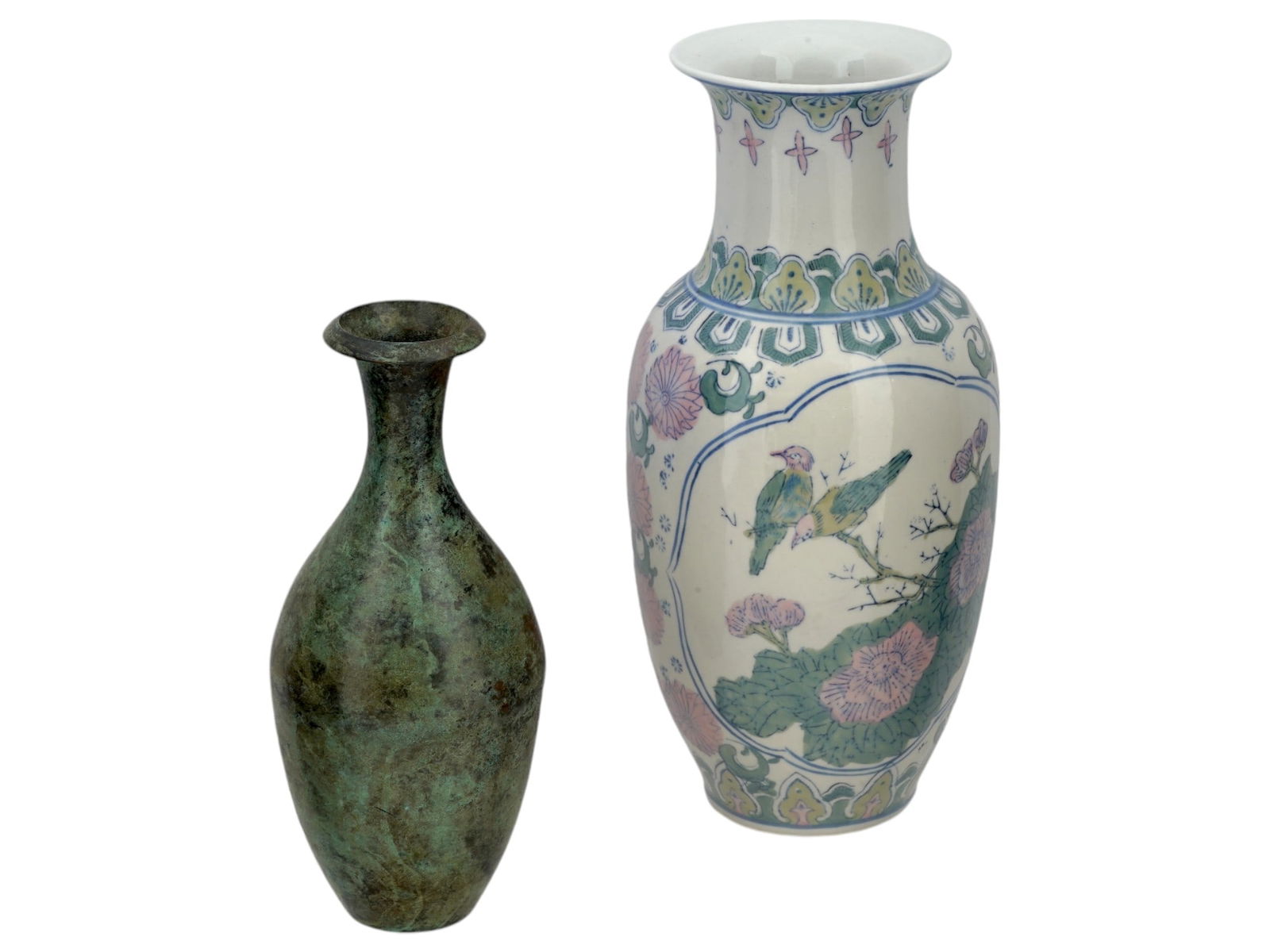 VINTAGE METAL VASE AND CHINESE PORCELAINE VASE (1 of 5)