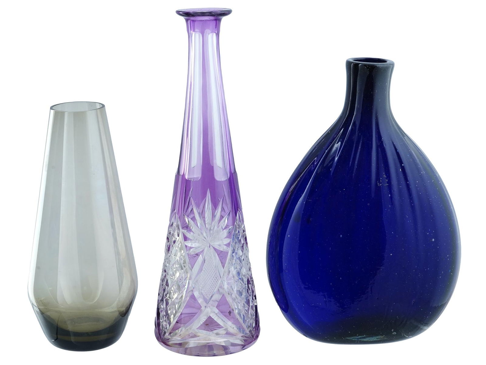 THREE VINTAGE GLASS VASES INCLUDING CUT GLASS (1 of 5)