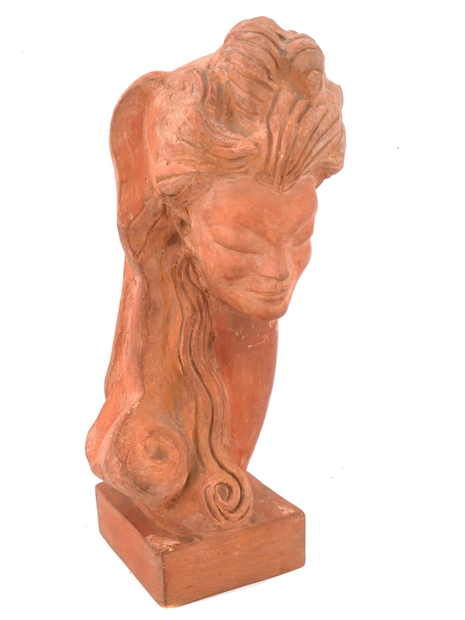VINTAGE EUROPEAN LAFAGE CLAY FEMALE HEAD SCULPTURE: A vintage European School clay female head sculpture by Lafage. The artwork represents a sculpture head of a girl with an old fashioned Rococo hairstyle and a very long curved neck. Signed on the base