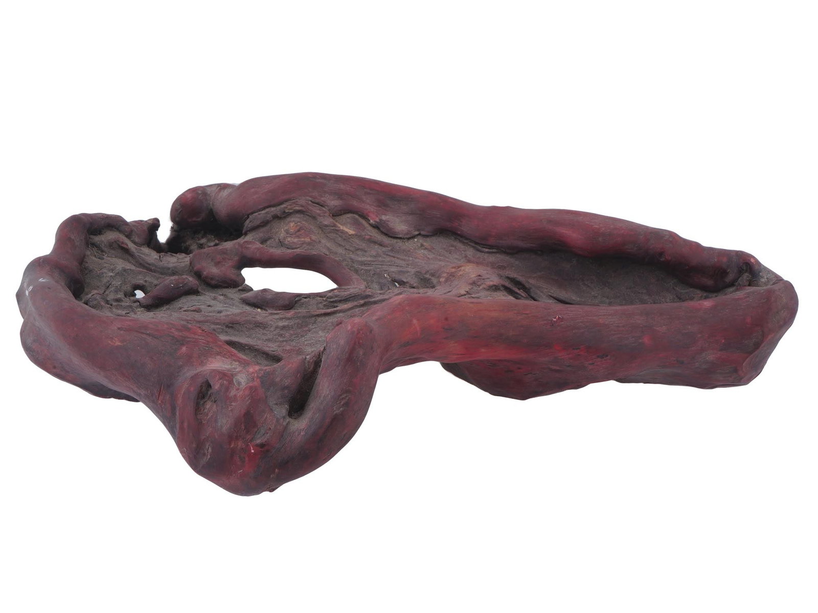 VINTAGE DECORATIVE WOOD SCULPTURE: A vintage decorative wood sculpture. A vintage sculpture made from a piece of wood painted cherry red with a hole in the middle. Can be used as a stand or decoration. Home Decor, Interior Design, and 