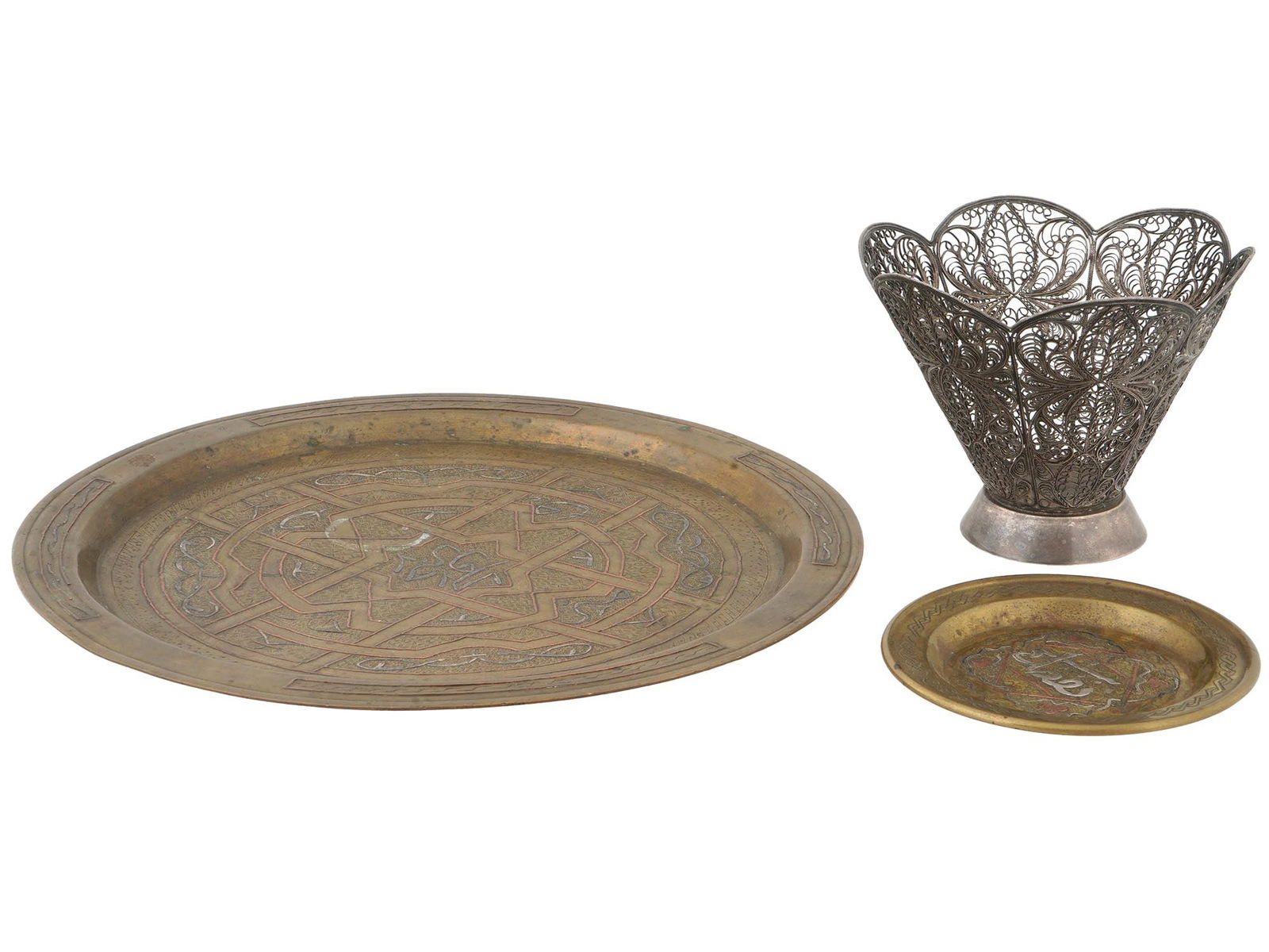 ARABIAN BRONZE PLATES AND FILIGREE METAL CANDY PLATE (1 of 10)