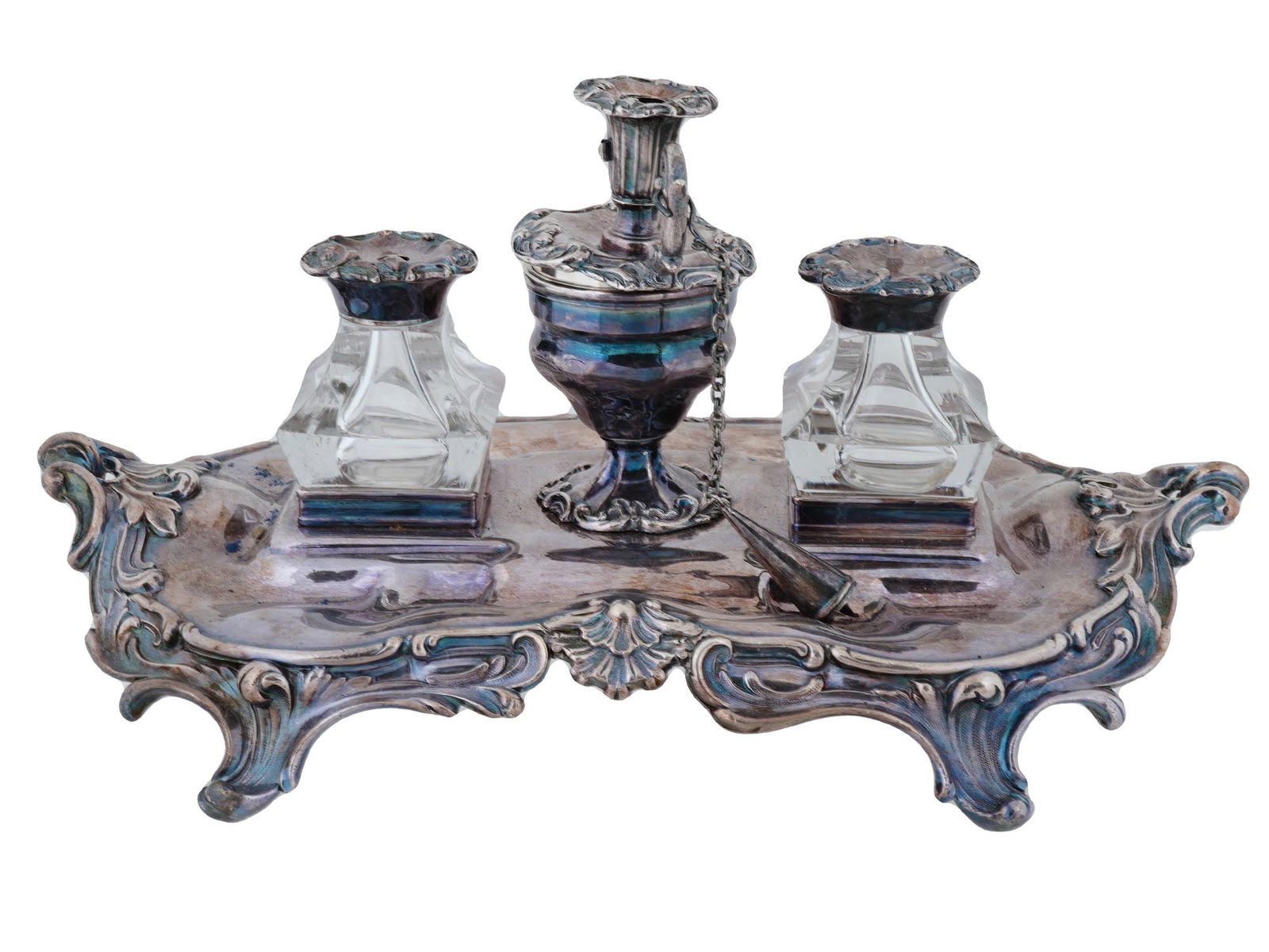 ENGLISH VICTORIAN SILVER PLATED INKWELL SET (1 of 7)