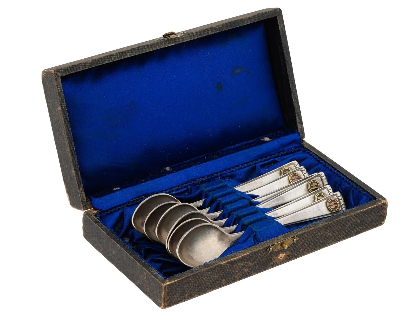 WWII WAFFEN SS CANTEEN SILVER PLATED SPOONS IOB: A set of World War II silver-plated tea spoons from the Nazi German Waffen SS canteen. A total of 6 items. Each spoon has gilt relief SS runes on the handle tip. Marked RADO90 on the backside of each