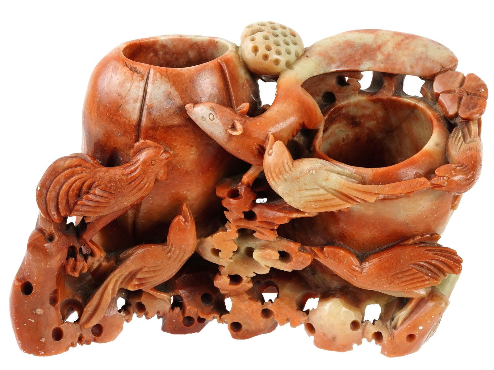 VINTAGE CHINESE RED SOAPSTONE CARVED DOUBLE VASE (1 of 7)