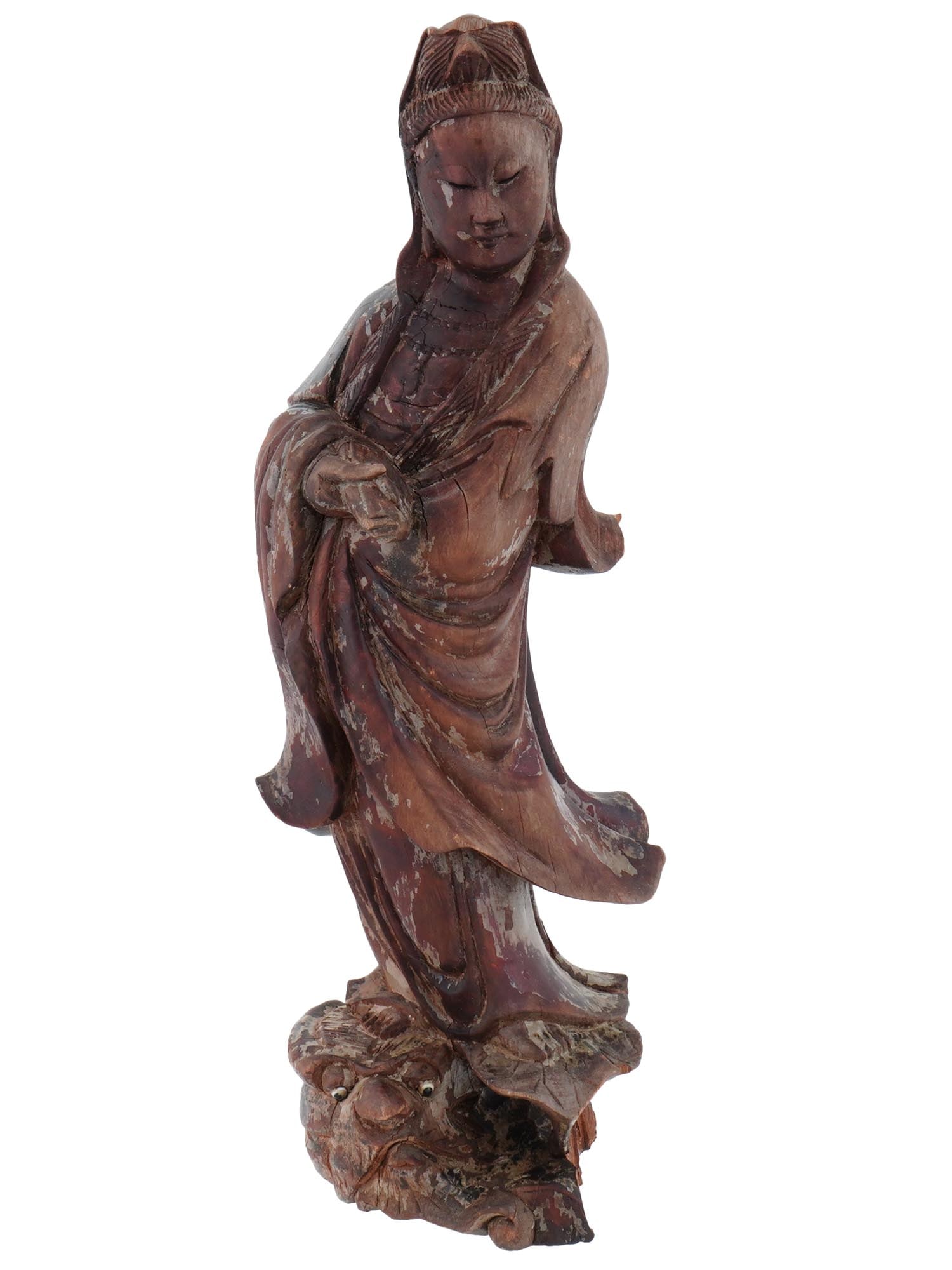 VINTAGE CHINESE REPUBLIC CARVED SCULPTURE GUANYIN: A vintage Chinese Republic period carved hardwood sculpture of Guanyin. Depicts the compassionate figure in a flowing posture as she gracefully pours water over a dragon at her feet. The detailing of 