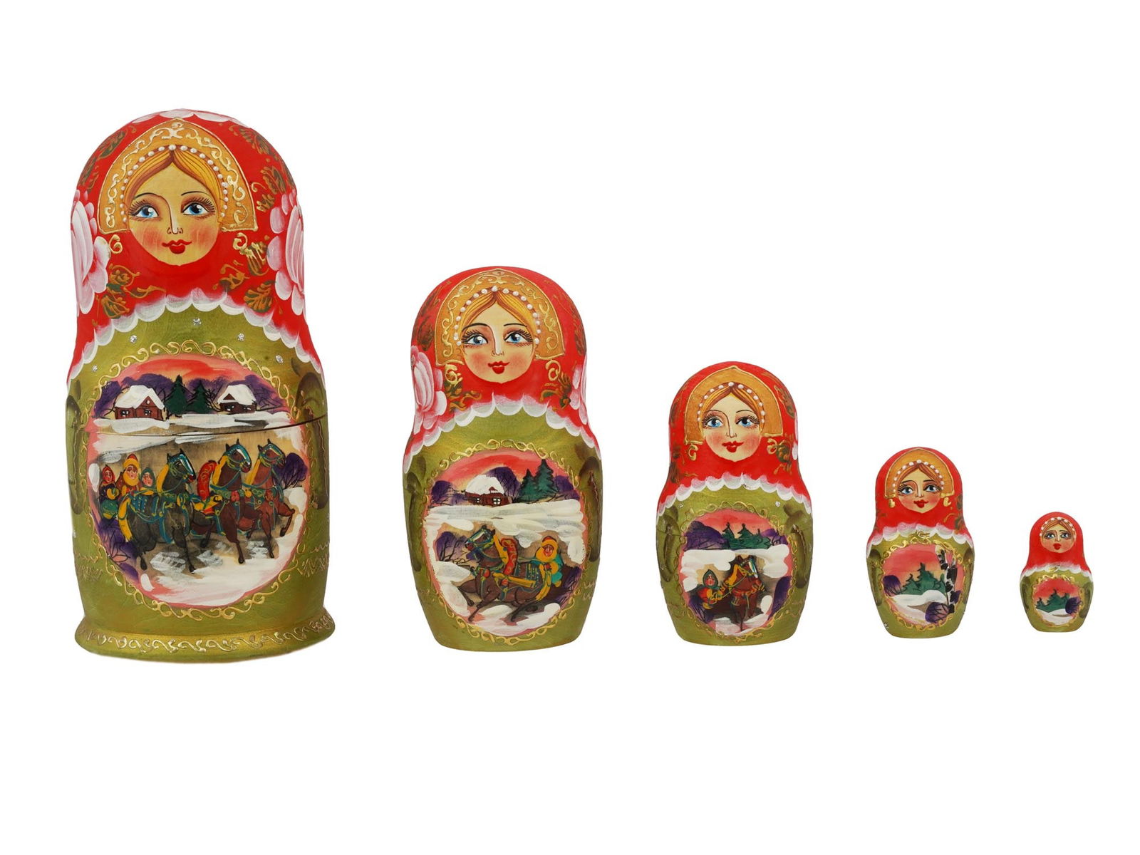 RUSSIAN HAND PAINTED NESTING MATRYOSHKA DOLLS SET: A Russian Matryoshka doll, a set of five hand painted and lacquered hand carved wooden nesting dolls of decreasing size placed one inside another. The body of each piece is decorated with hand painted