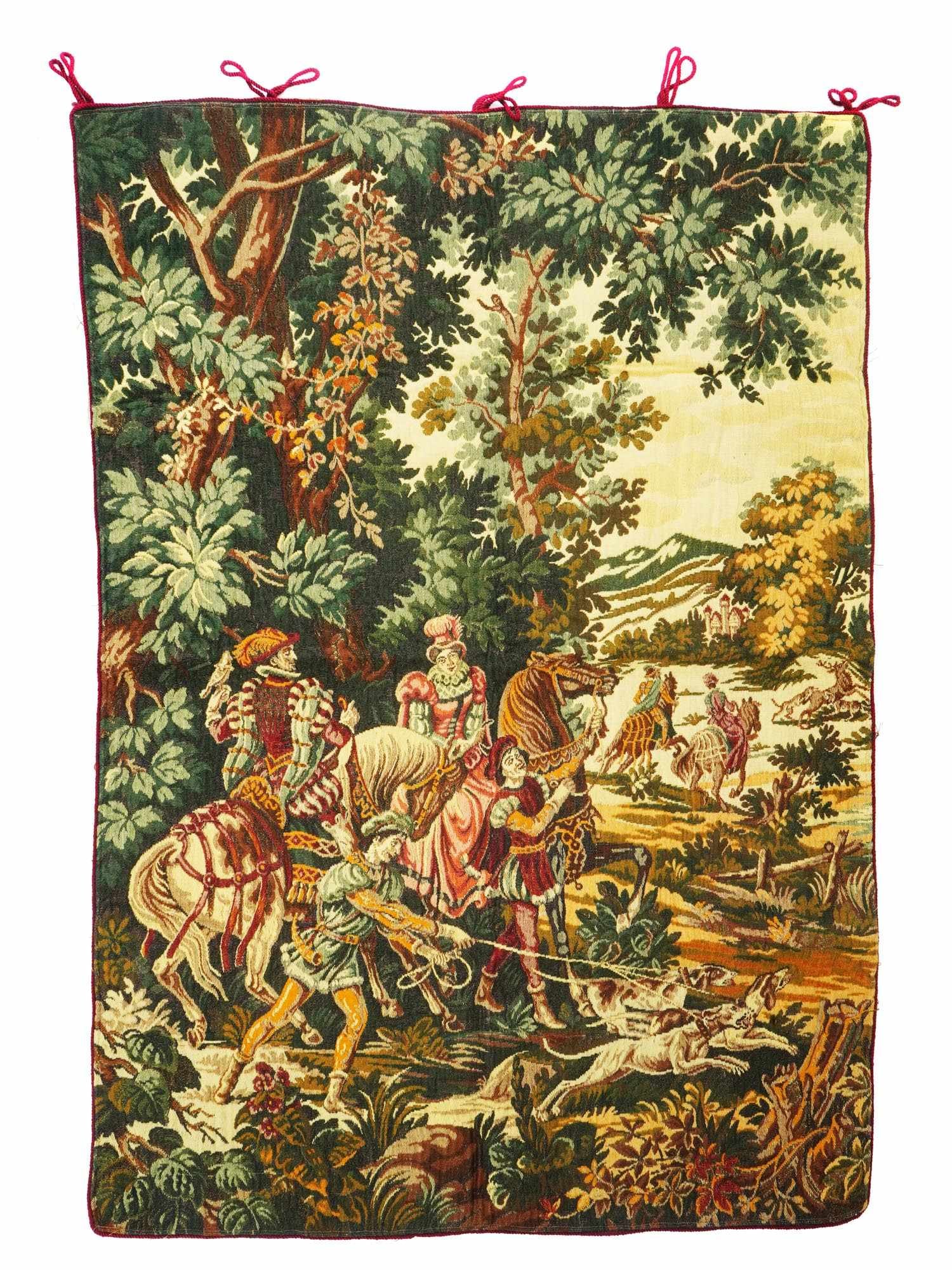 EUROPEAN EMBROIDERY TAPESTRY W MEDIEVAL HUNTING SCENE (1 of 9)
