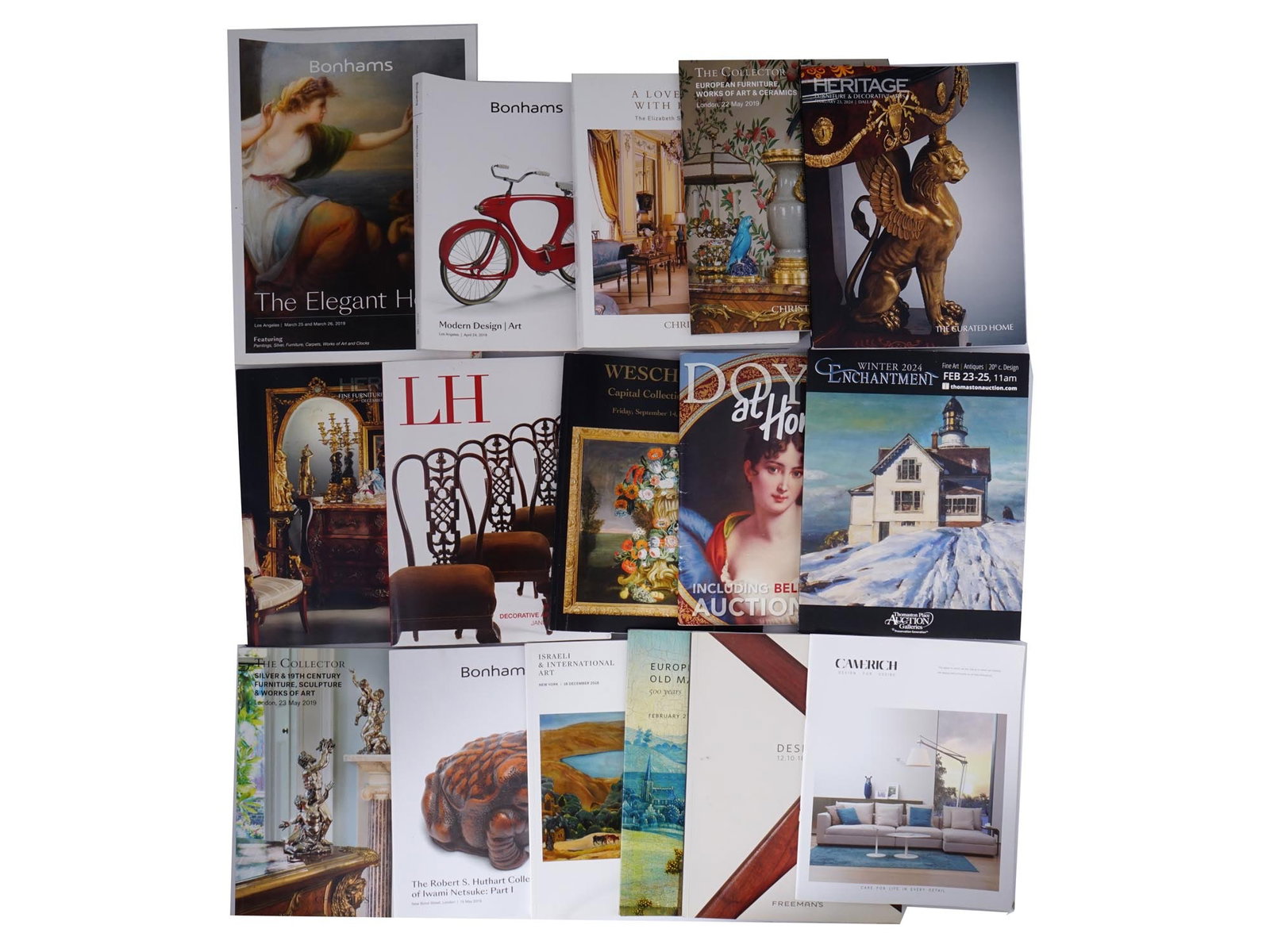 FINE ART FURNITURE AND DECOR AUCTION CATALOGS: A lot of auction catalogues of fine and applied arts, furniture, sculpture, and interior decor. A total of 16 items, publications by Christies, Bonhams, Doyle, Thomaston Place, Freemans, Camerich, The